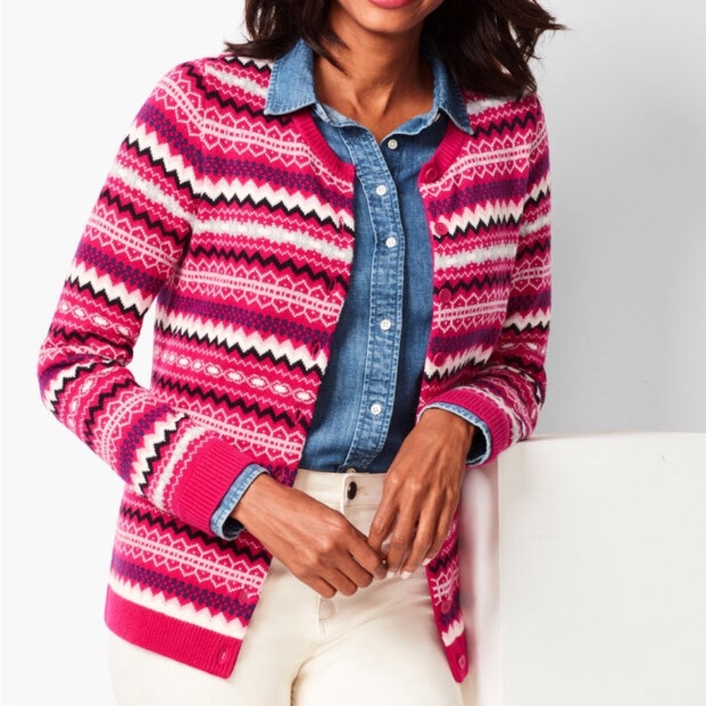 Talbots Women XS Pink Lambswool Blend Crew Neck Button Up Fair Isle Cardigan NWT